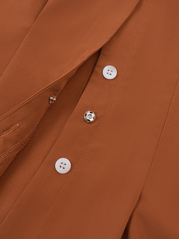 Buttoned No Belt Pleated Solid Color Long Sleeves Loose V-neck Shirt Dress Midi Dresses