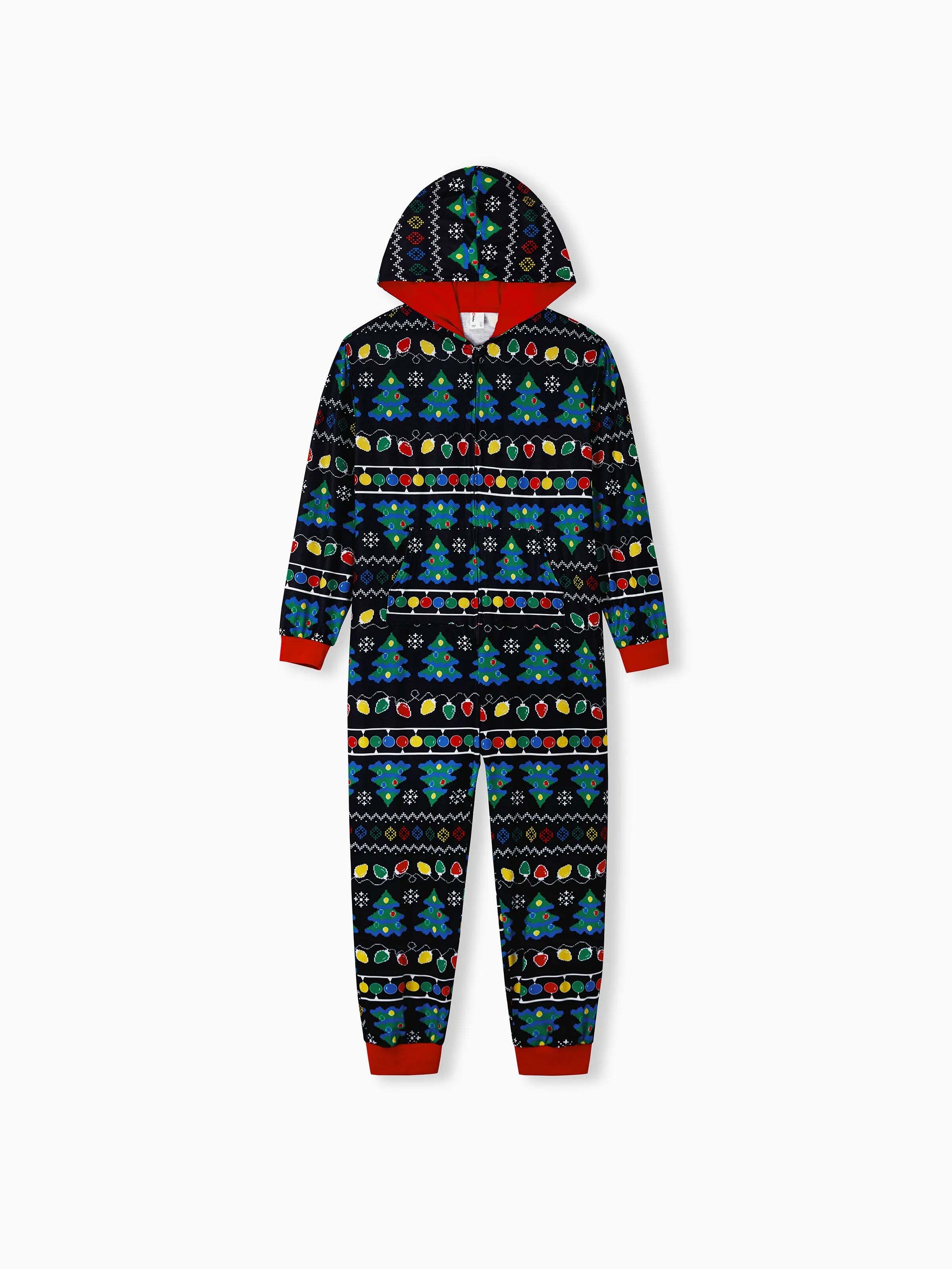 Christmas Onesies Matching Family Pajamas Set Christmas Tree Print PJS with Christmas Socks Black