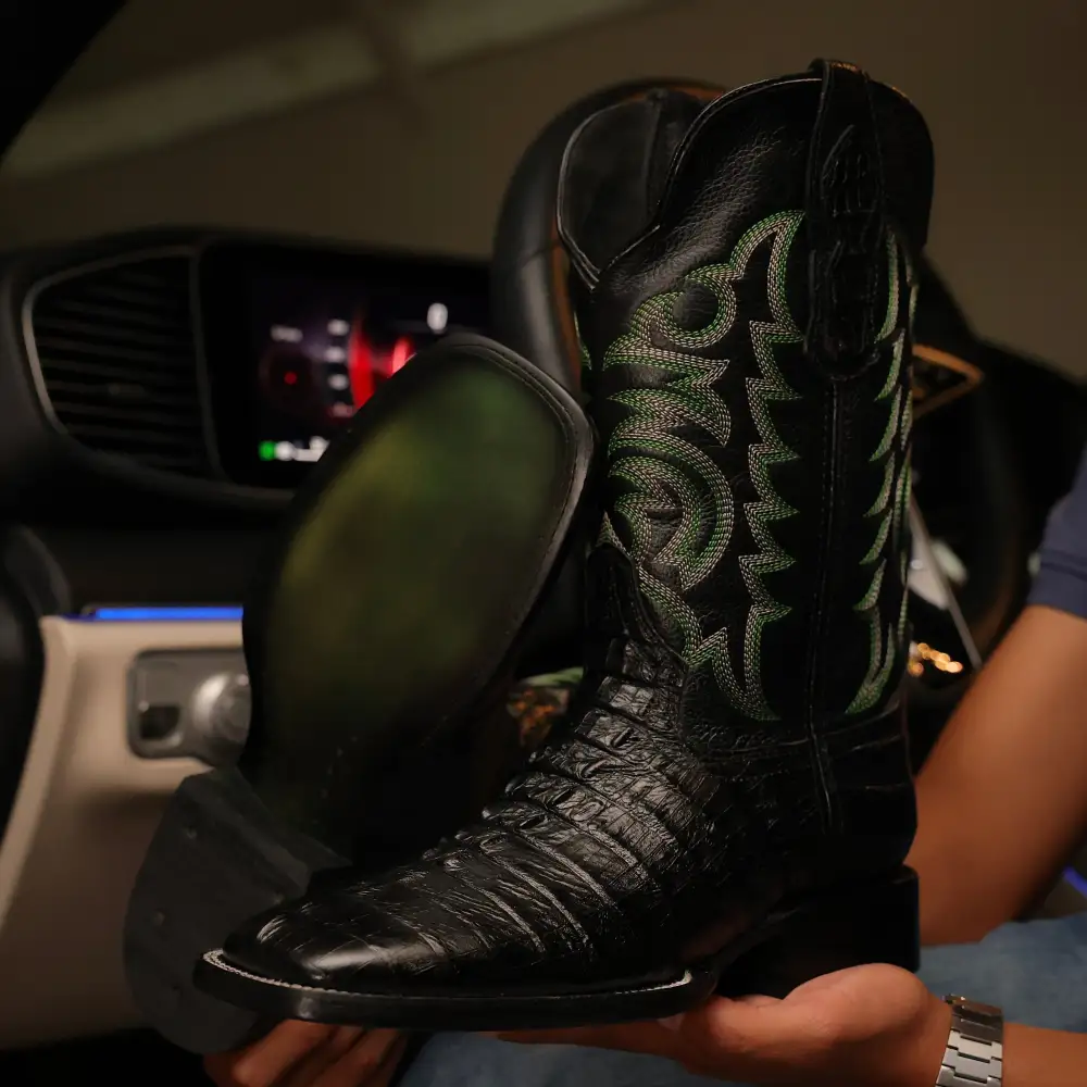 Black Caiman Leather Boots With Black Shaft - Square Toe