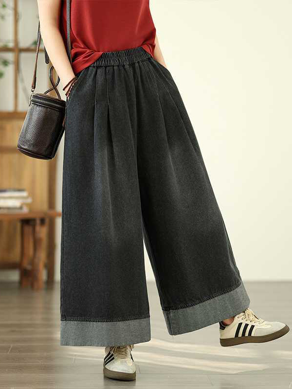 Elasticity Pleated Pockets Loose Wide Leg Trousers Jean Pants Bottoms
