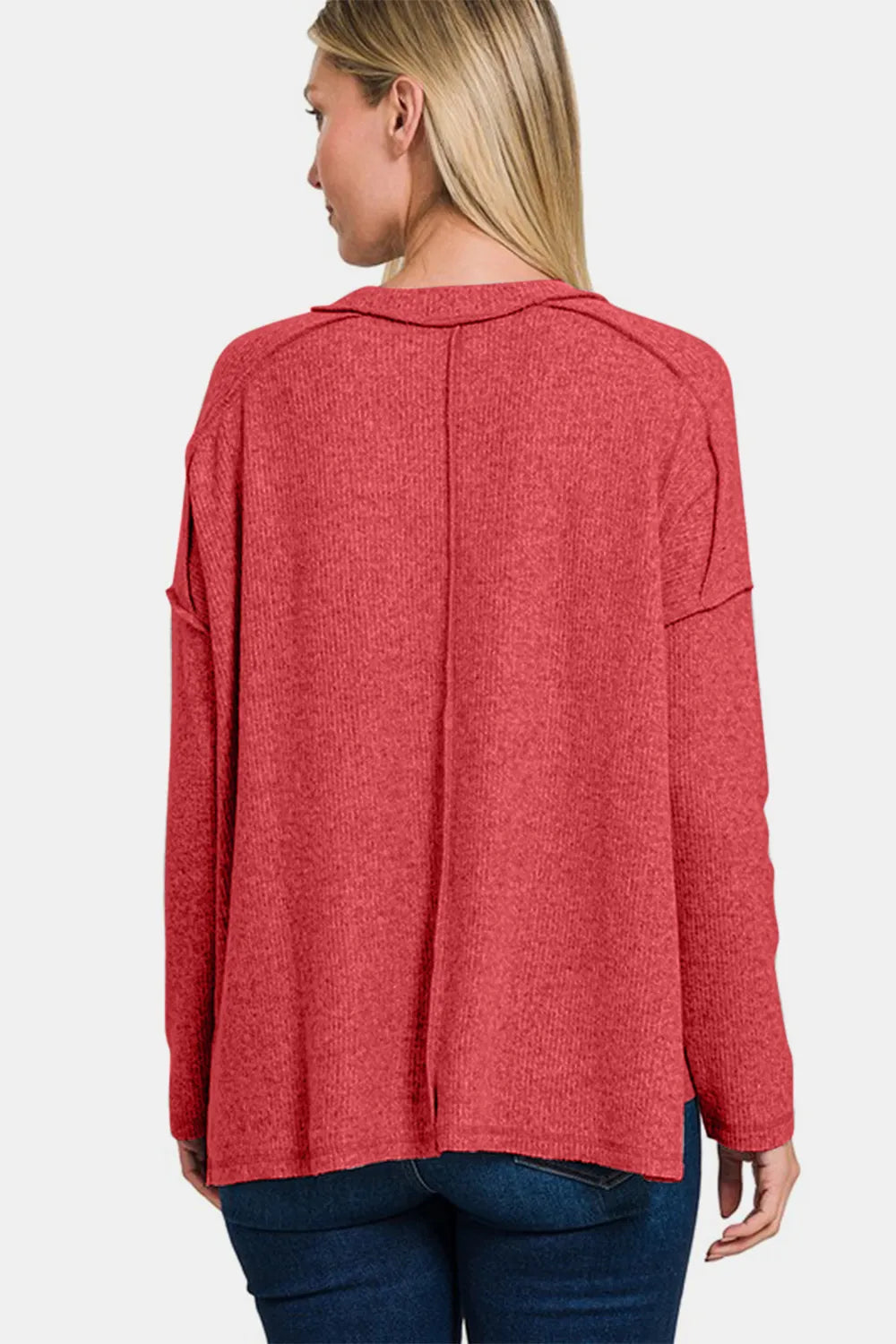 Full Size Exposed Seam Brushed Round Neck Sweater