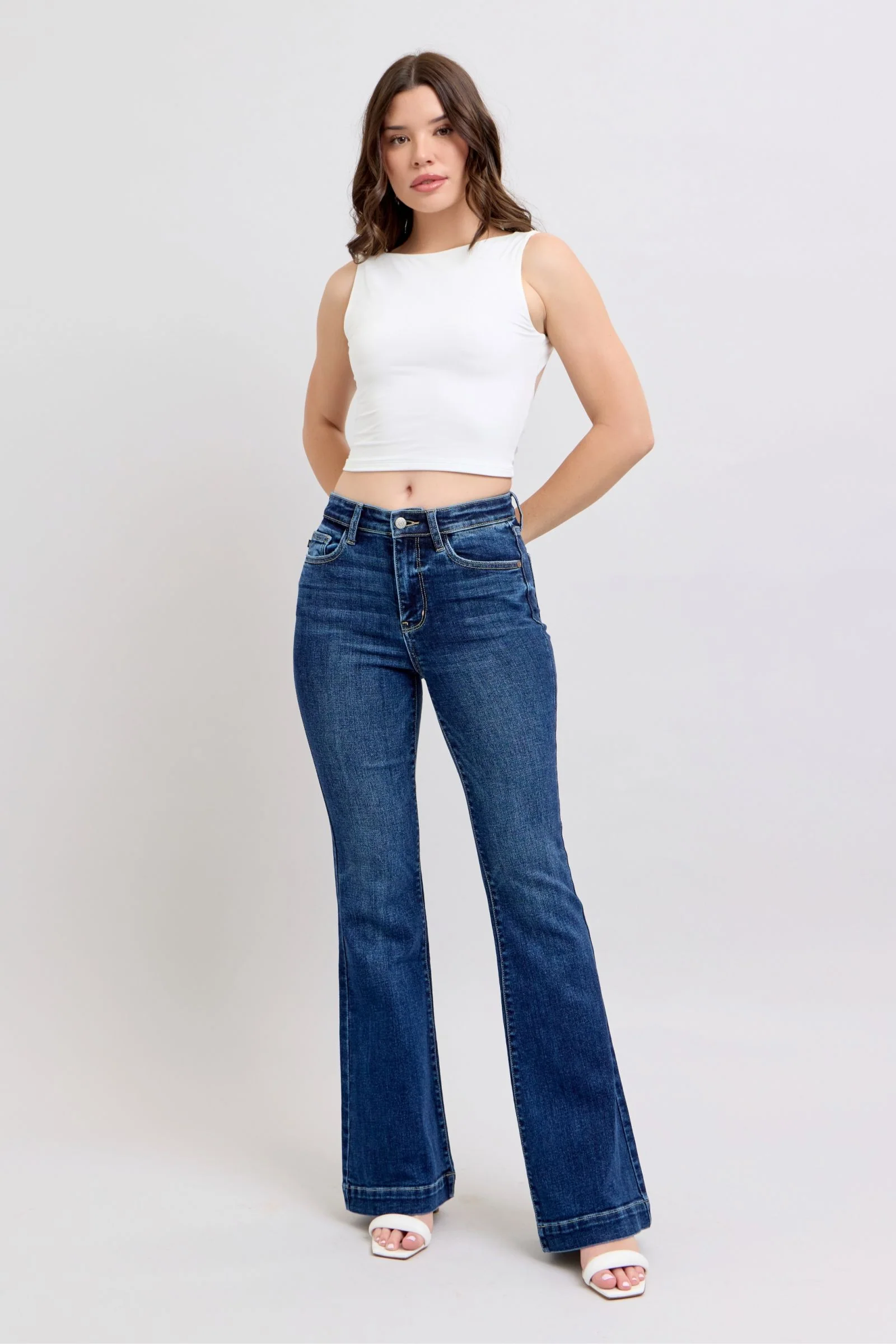Blue Full Size High Rise Flare Jeans with Pockets Plus Size