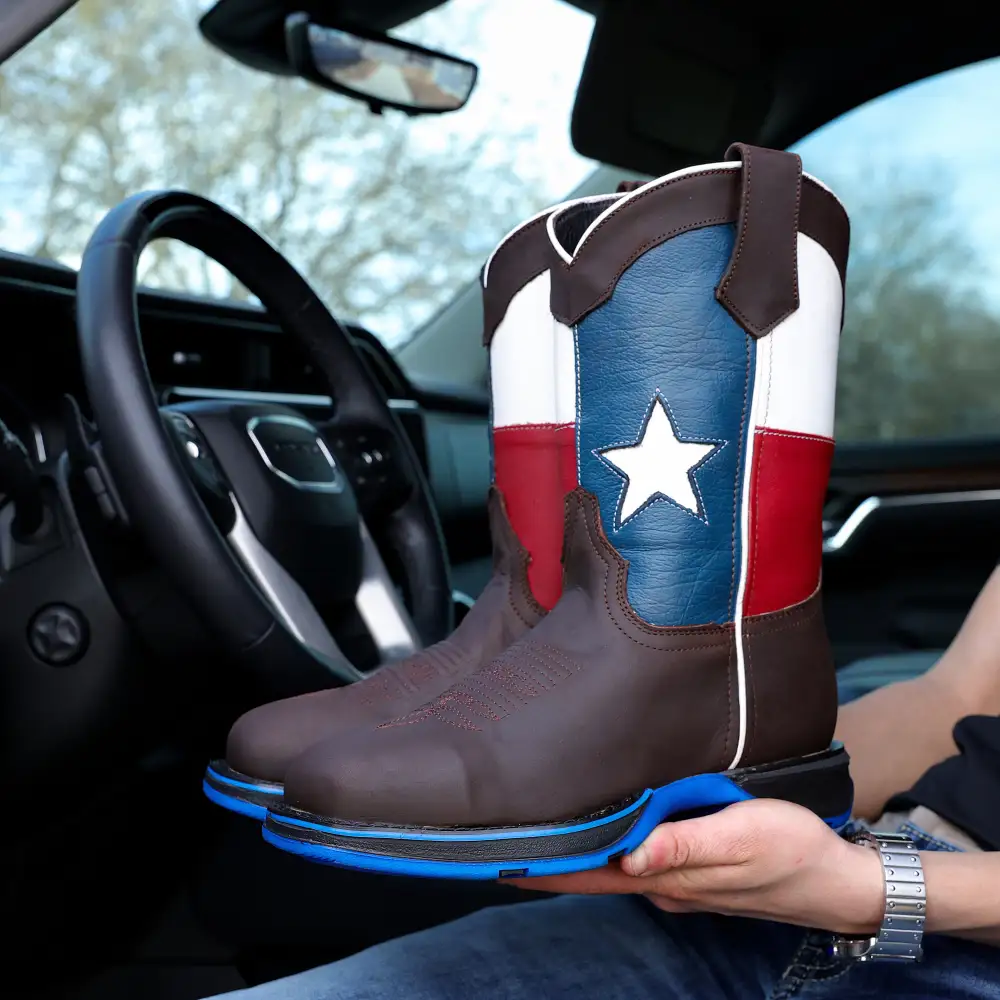 Chocolate Brown TEXAS Flag Leather Work Boots - Composite Toe