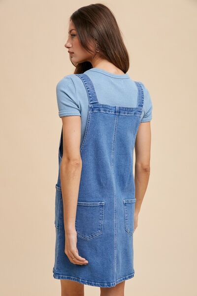 Wear Wide Strap Denim Overall Dress with Pockets