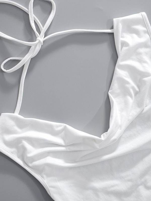 Backless Lace-Up See-Through Solid Color Split-Joint Loose Skinny Off-The-Shoulder T-Shirts Tops