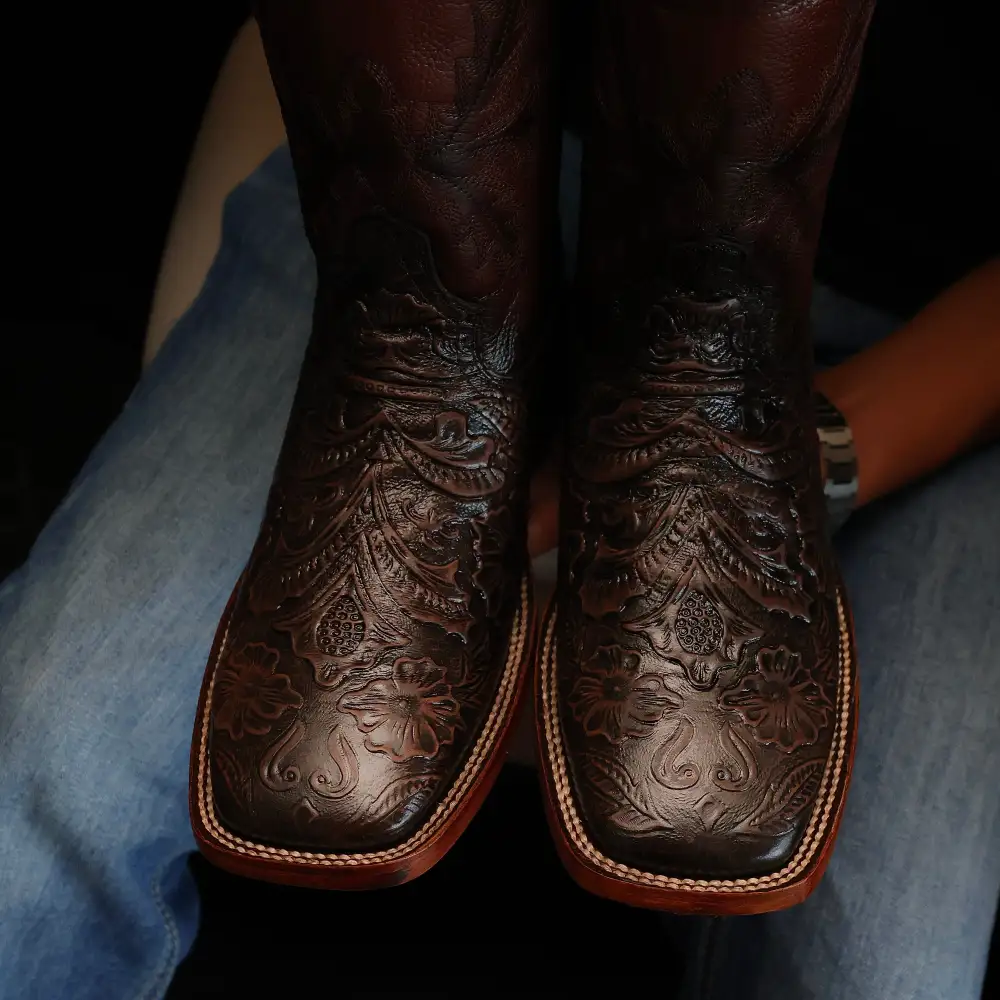 Chocolate Brown Hand-Tooled Leather Boots — Square Toe