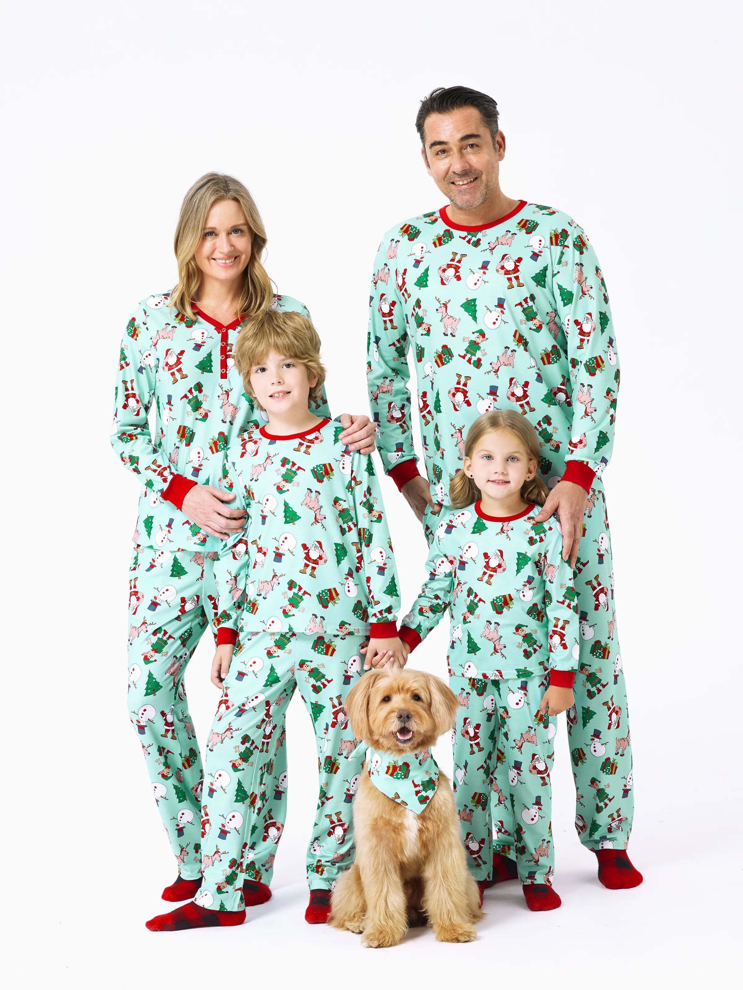Christmas Matching Family Pajamas Set Reindeer Christmas-themed Print PJS with Christmas Socks Pale Green