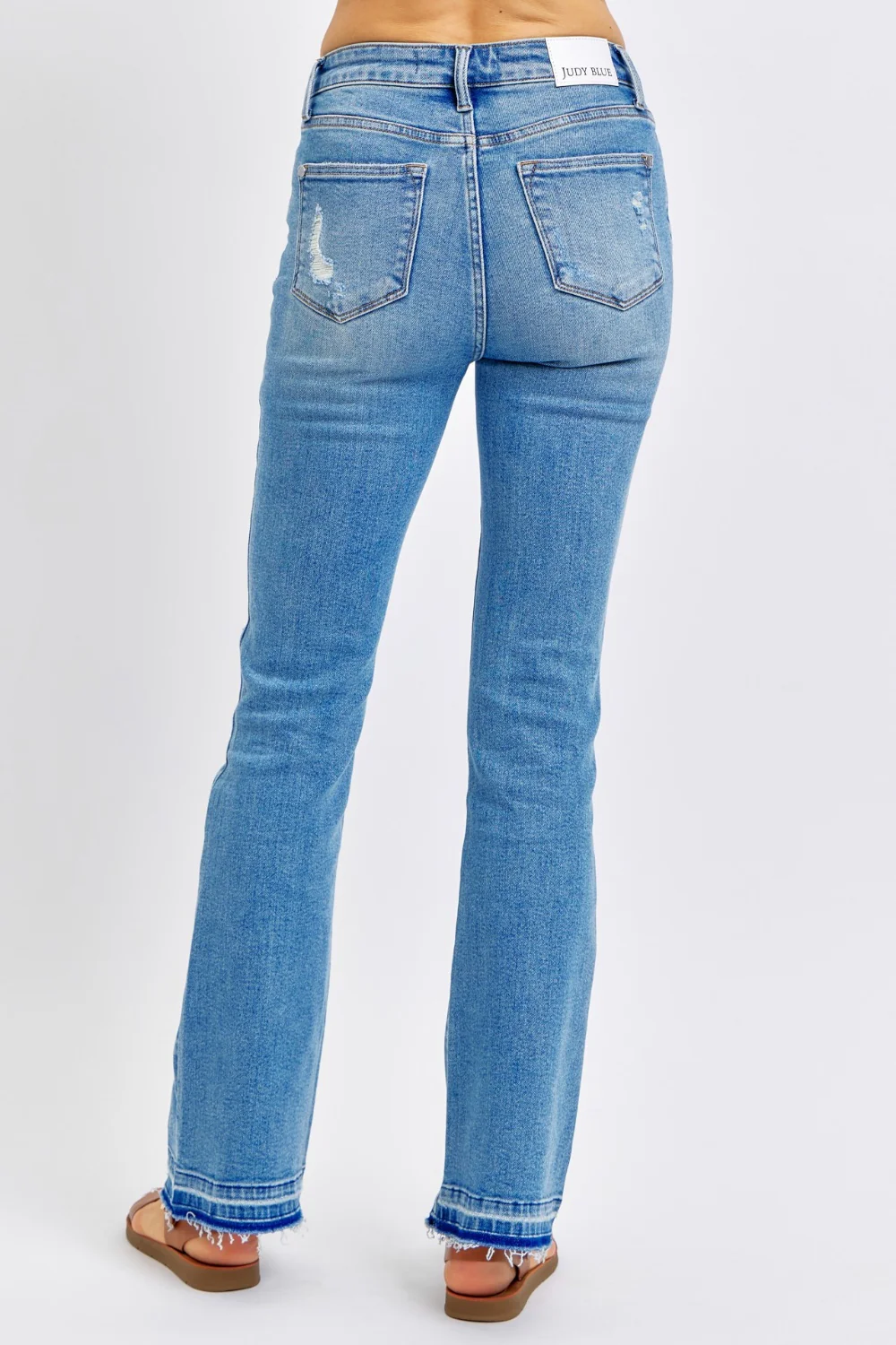 Blue Full Size Mid Rise Destroyed Hem Distressed Jeans