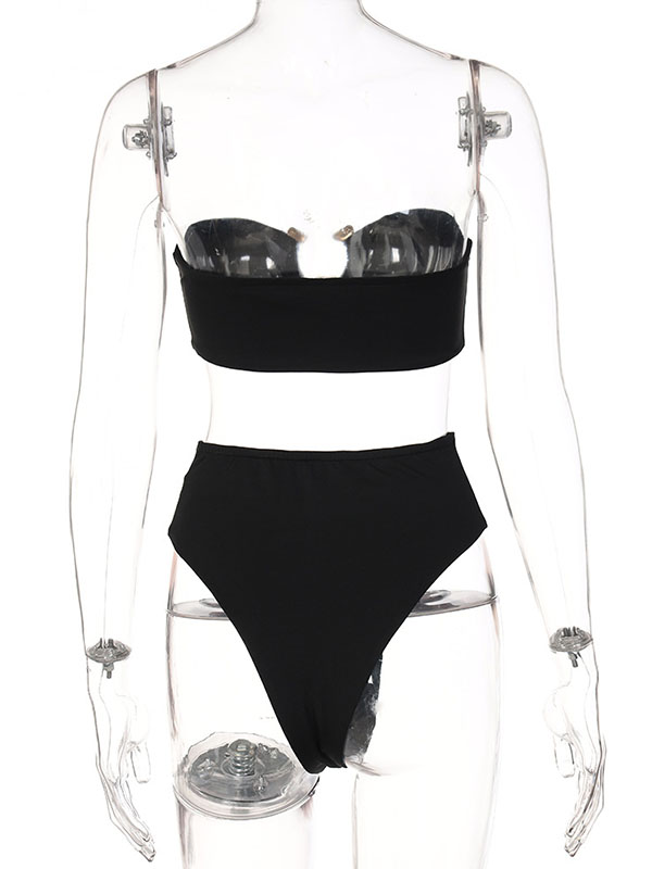 Sleeveless Hollow Solid Color Split-Joint Tube Bikini Swimsuit