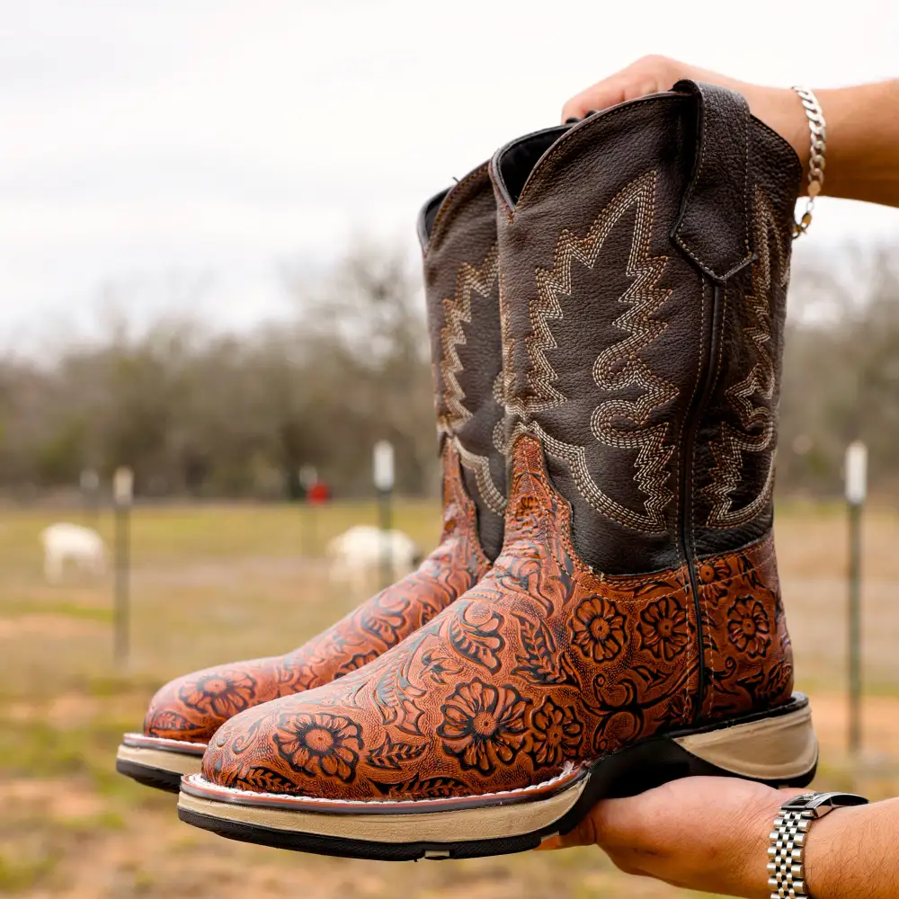 Cognac Hand-Tooled Leather Boots - Composite Toe