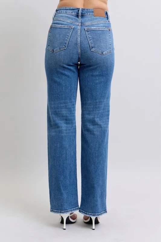 Blue Full Size High Waist V-Front Vintage Wash Straight Jeans Plus Size