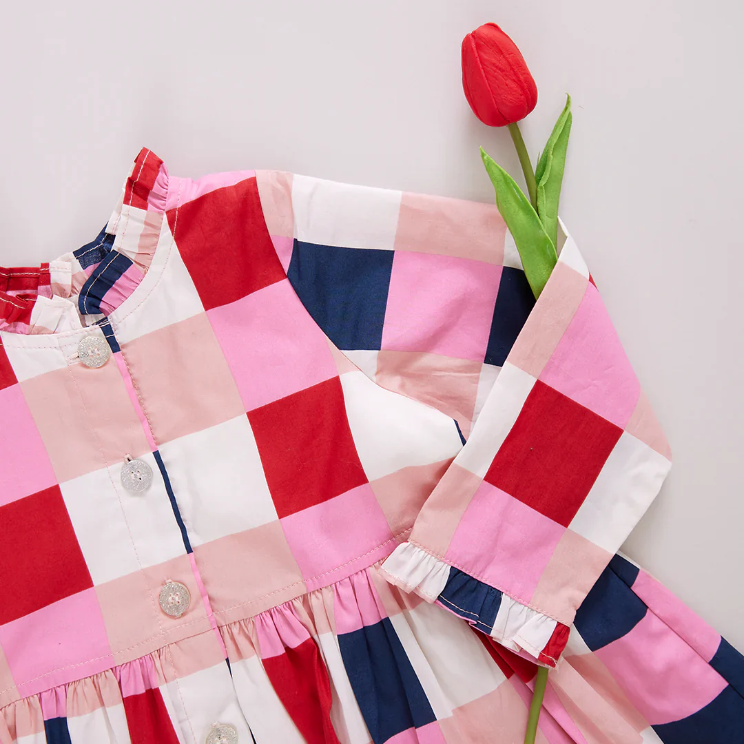 Girl's Autumn Dress Navy and Red Check