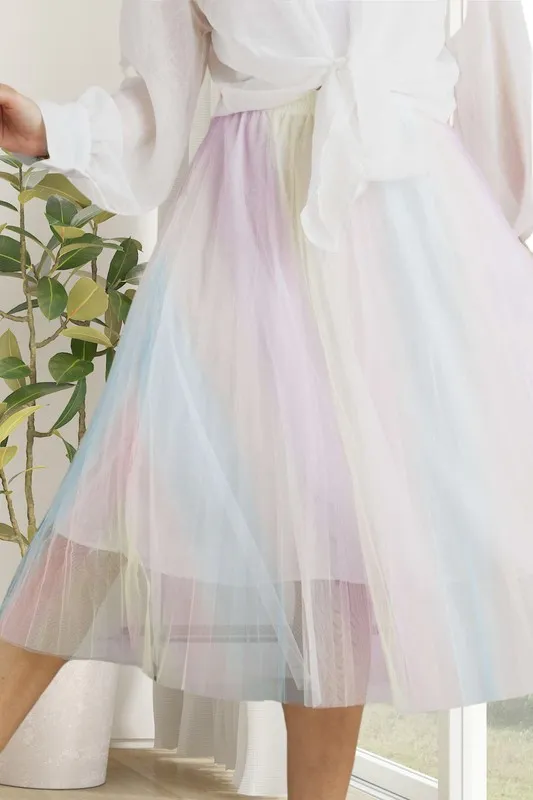 Unicorn Pleated Mesh Flare Midi Skirt