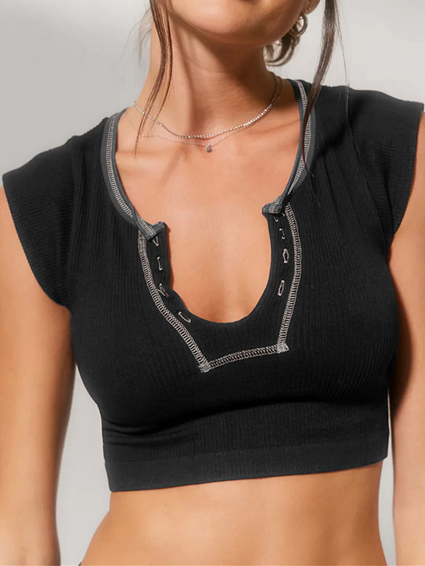 Split-Joint Cap Sleeve Skinny Deep V-Neck Vest Top