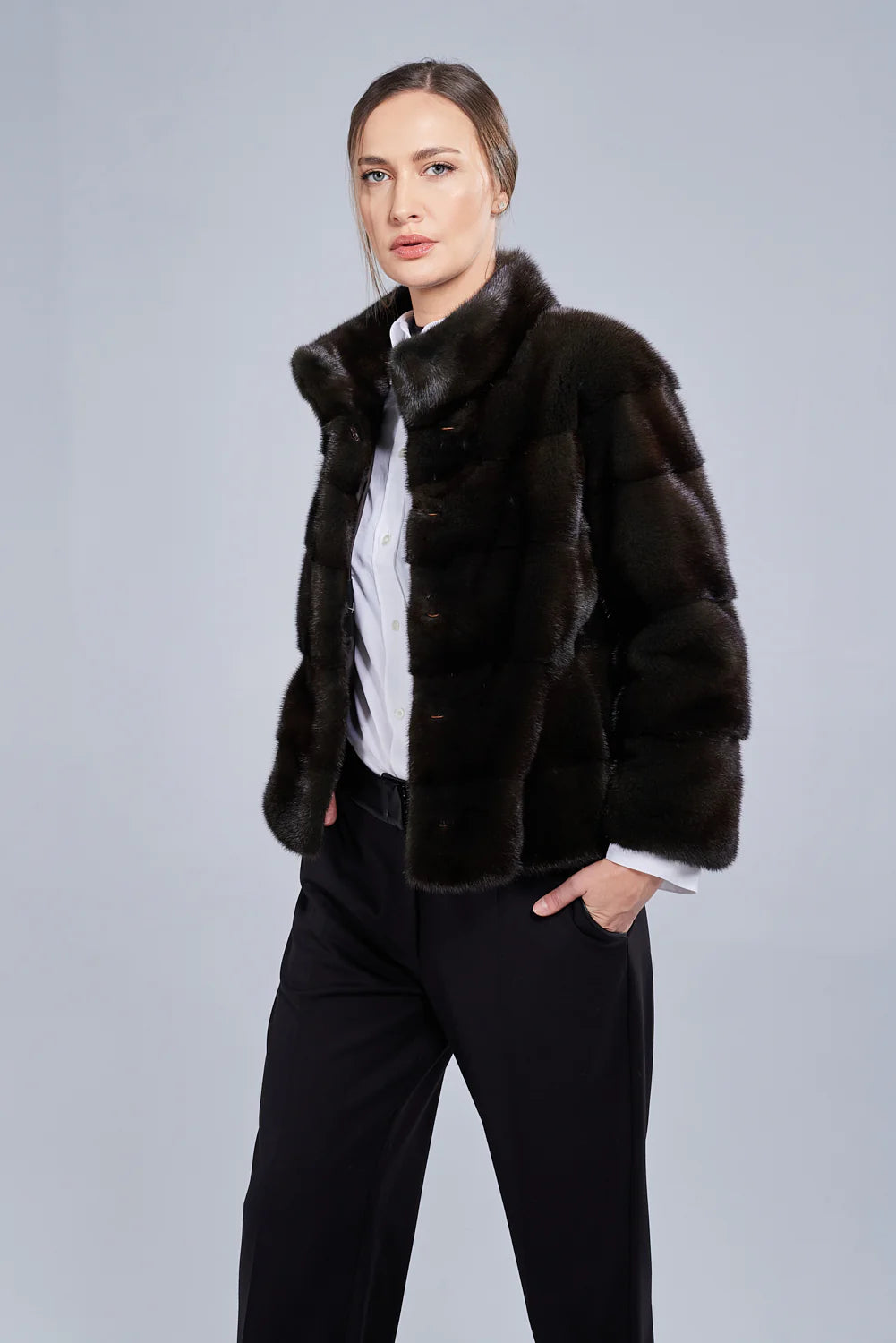 Haina din Blană Naturală de Vizon, Femei, Olive 220