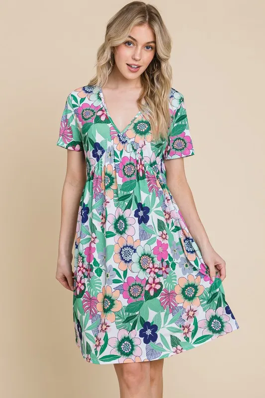 Ruched Floral V-Neck Short Sleeve Dress