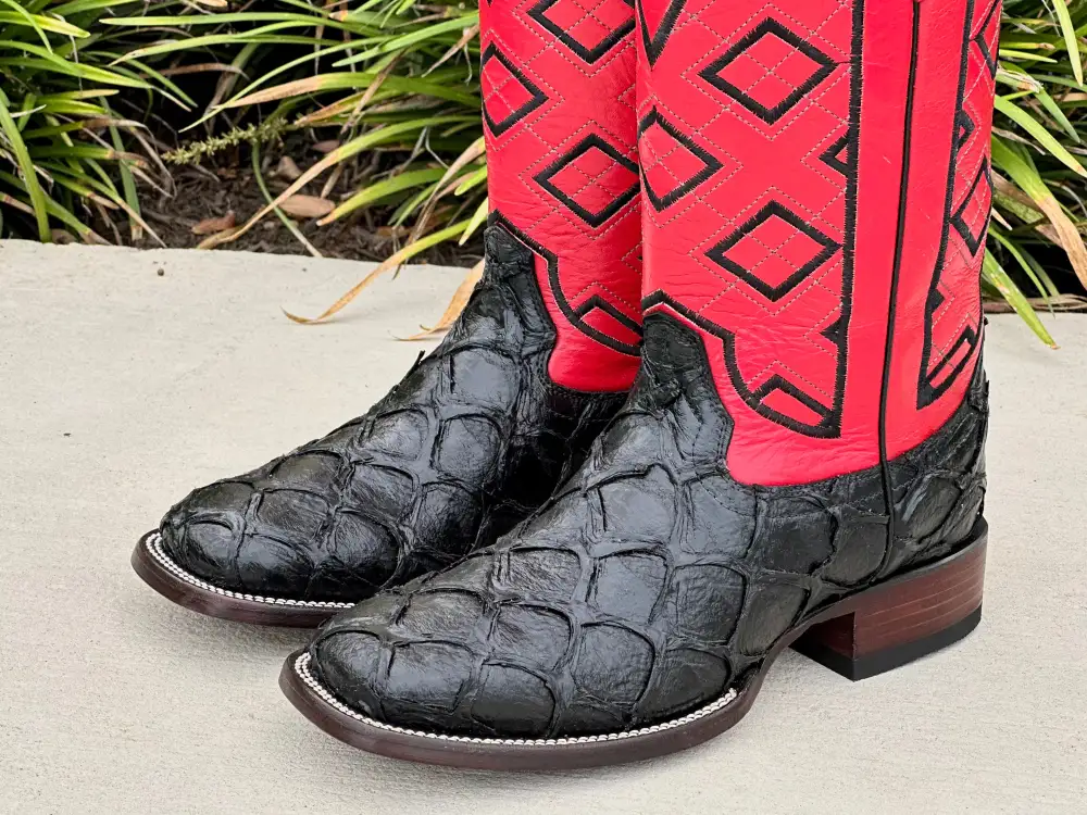 Mens Black Piraruco Leather Boots With Red Shaft