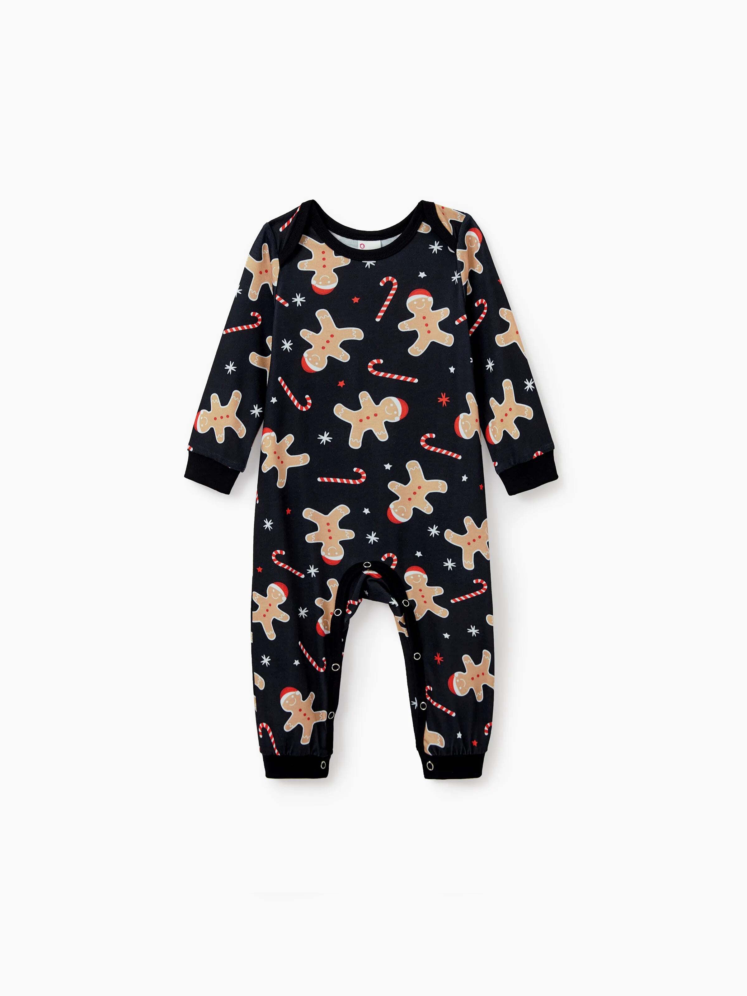 Christmas Matching Family Pajamas Set Gingerbread Print Black PJS with Christmas Socks Black