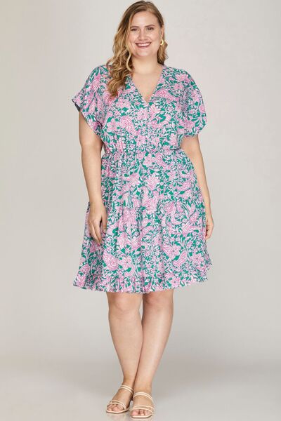 Ruffled Hem Printed Surplice Kimono Sleeve Mini Dress Plus Size