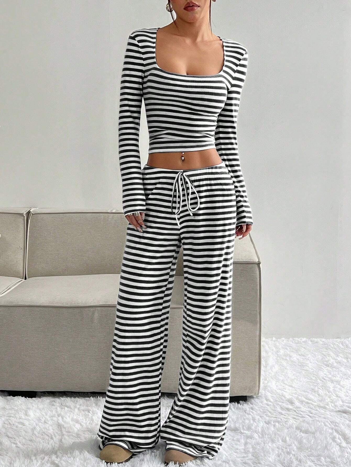 Women's Slouchy Square Neck Stripe Long Sleeve Crop Top & Low-Rise Wide Leg Trousers Co-ord, Minimalist Two Piece Outfits, Cozy Womenswear