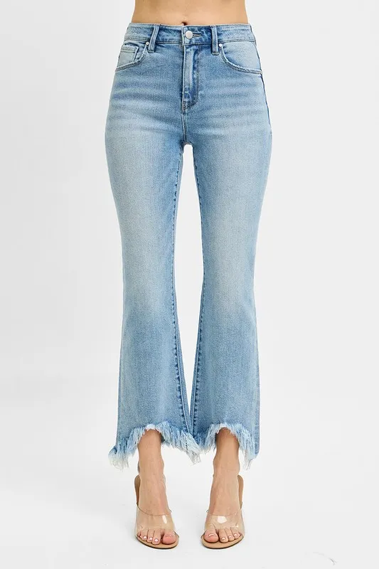 High Rise Crop Bootcut Fray Hem Jeans