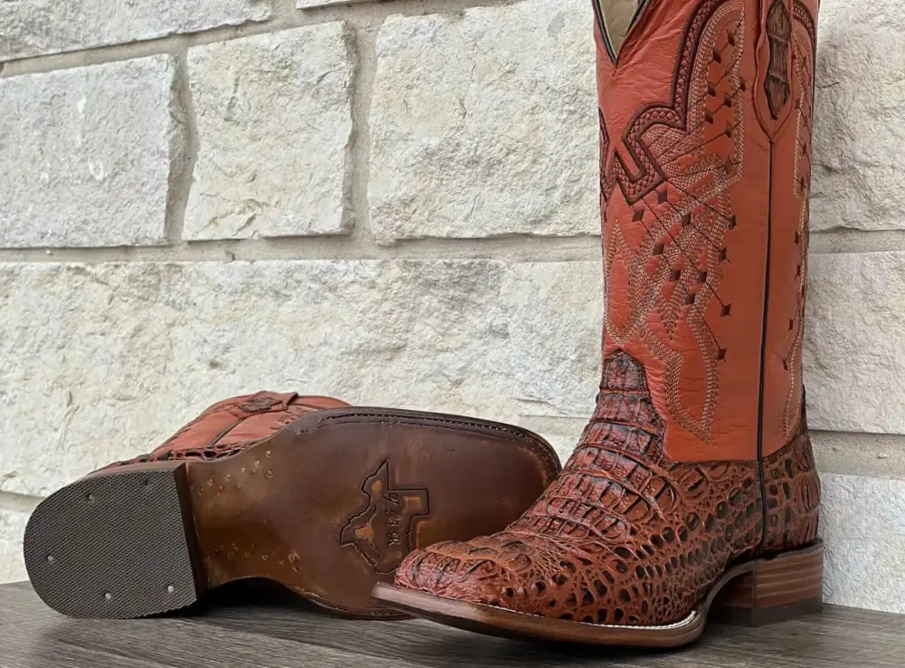 Men’s Cognac Crocodile Horn-Back Leather Boots With Orange Shaft