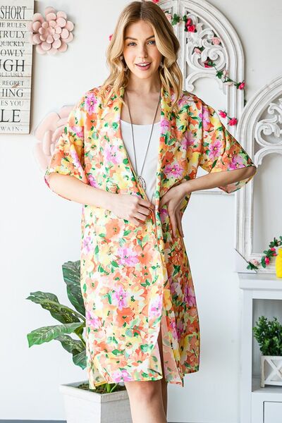 Full Size Half Sleeve Multi Color Floral Open Cardigan