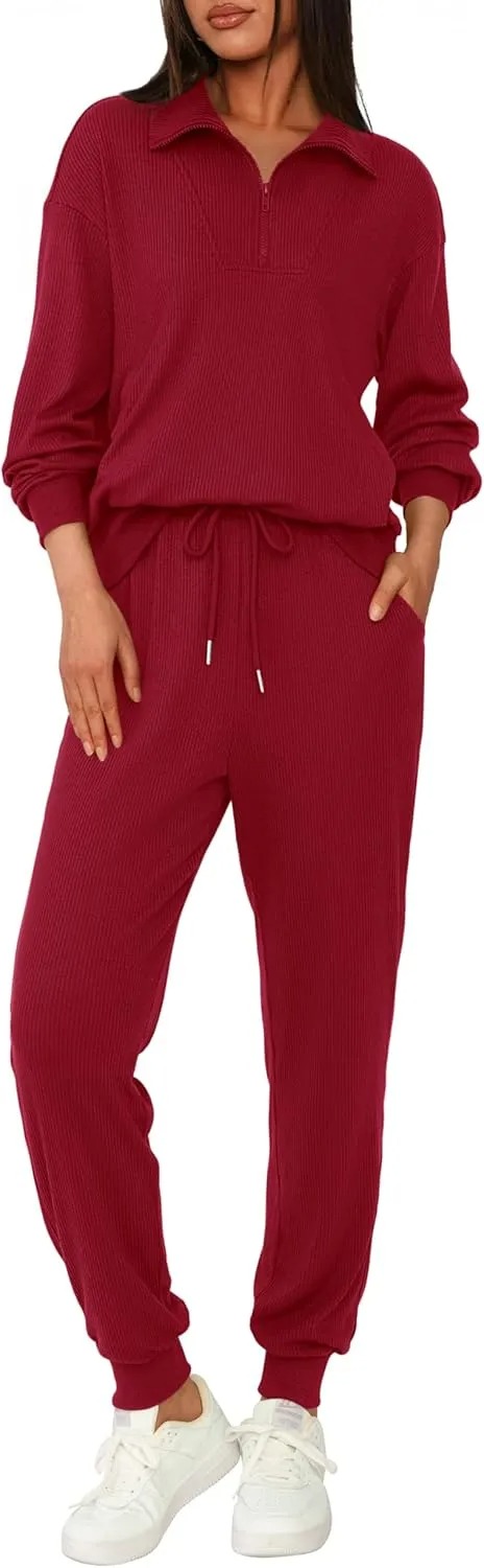 Women's Long Sleeve Half Zip Sweatshirt Sweatpants Lounge Set Sweatsuits with Pockets