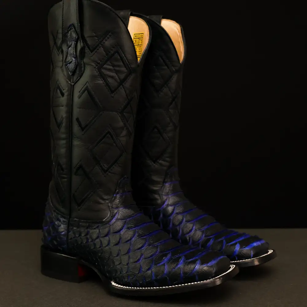 Black & Indigo Jumbo Python Leather Boots - Square Toe