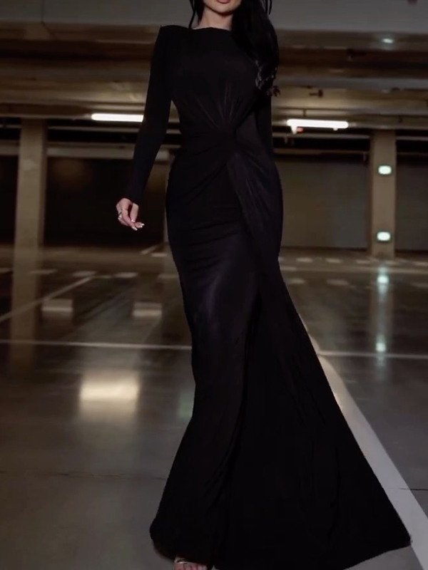 Solid Color Long Sleeves Mermaid Round-neck Maxi Dresses Evening Dresses
