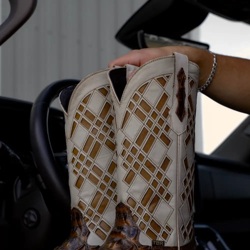 Honey Caiman Neck Leather Boots - Square Toe