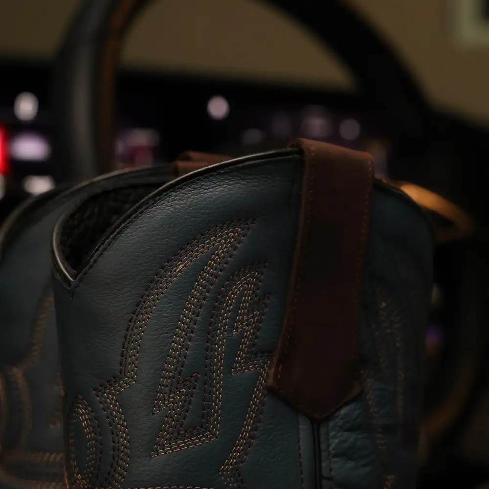 Chocolate Brown Leather Work Boots With Blue Shaft - Square Toe