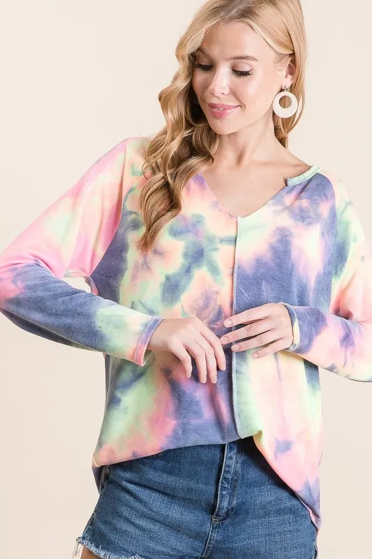 Tie Dye Terry Top with Contrast Stitching Detail
