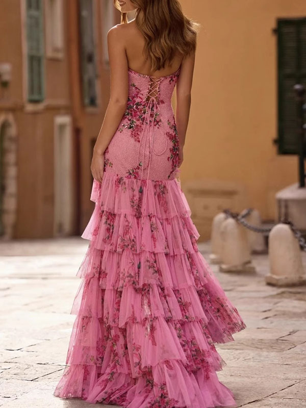 Flower Printed Mesh Splicing Split-Side Sleeveless Tube Elegant Maxi Dresses