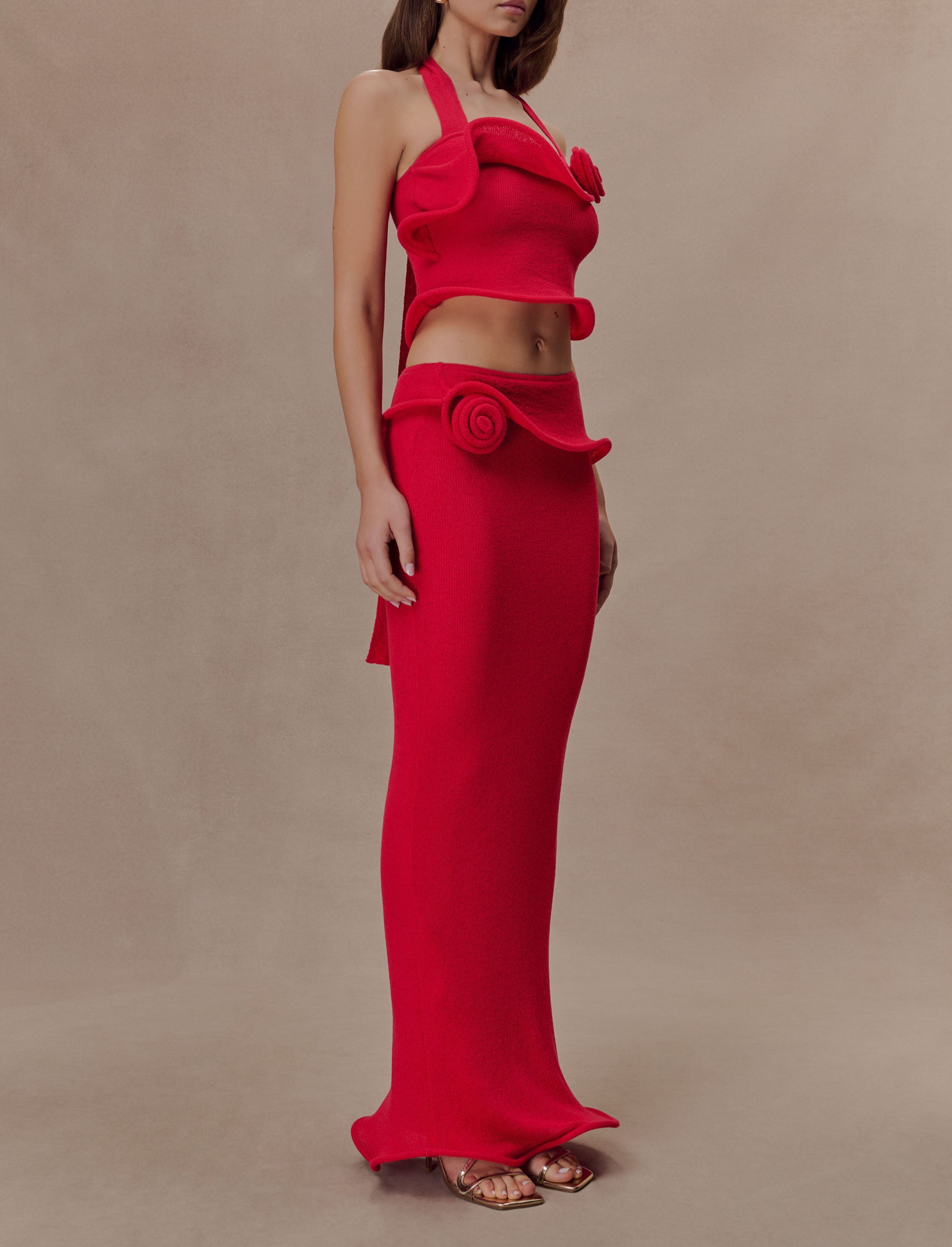 Red Knit Wired Maxi Skirt