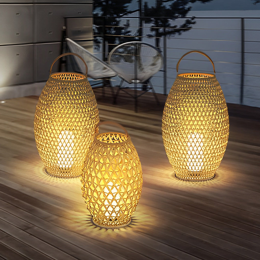 Portable Bamboo Rattan Lanterns Shape Waterproof LED Modern Lawn Light