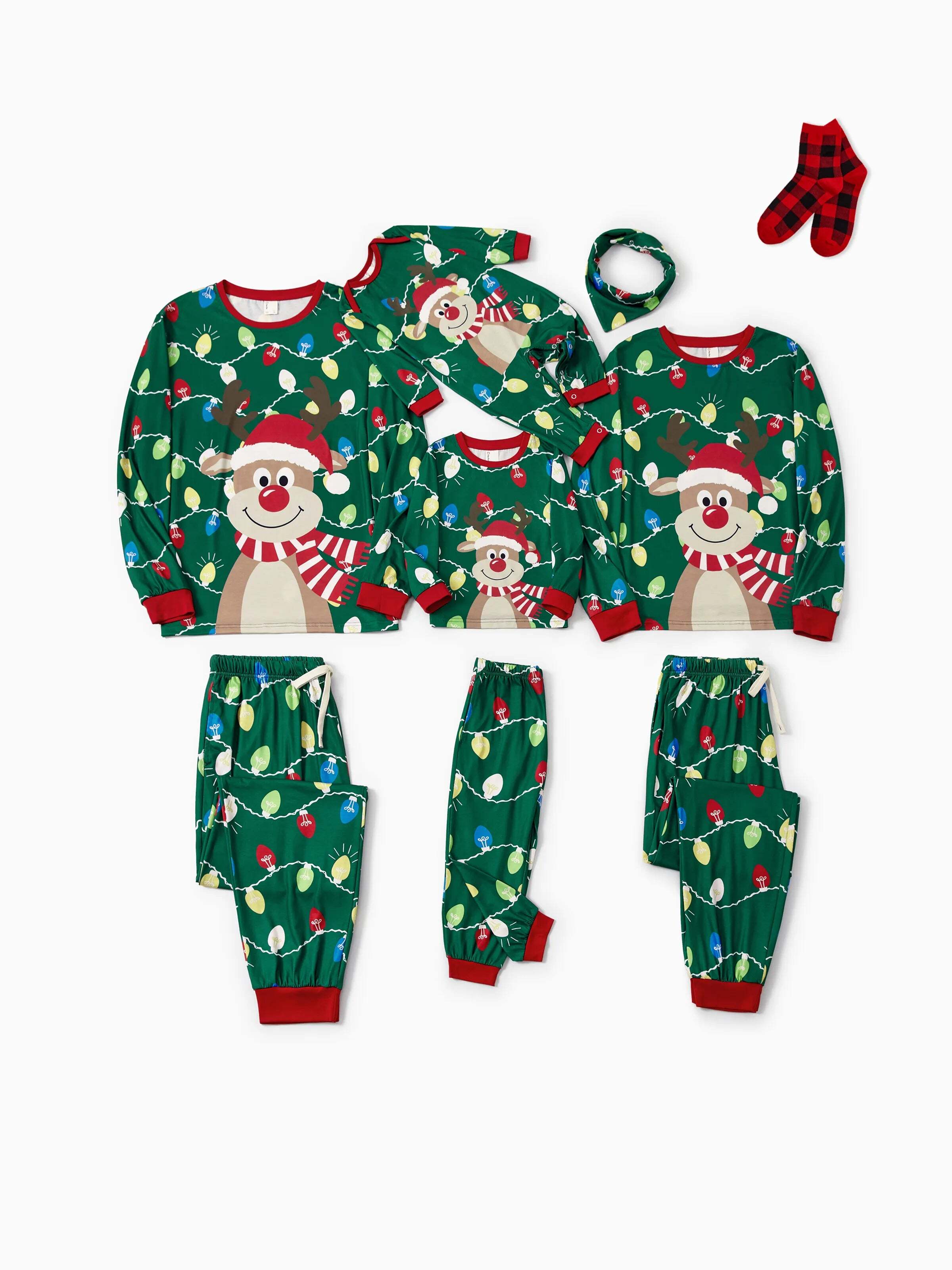 Christmas Matching Family Pajamas Set Reindeer Green Print PJS with Christmas Socks Green