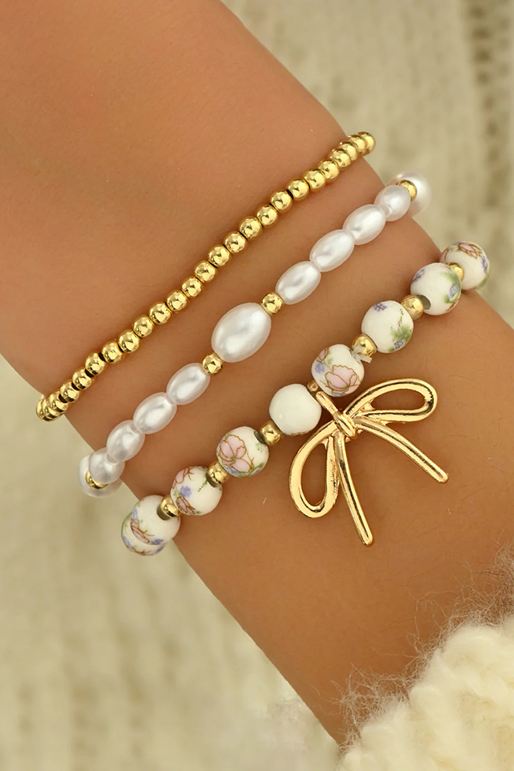 Gold Bow Knot Charm Beaded Triple Layer Bracelet Set