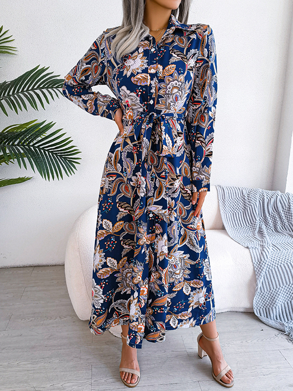 Buttoned Flower Print Tied Waist Long Sleeves Lapel Maxi Dresses