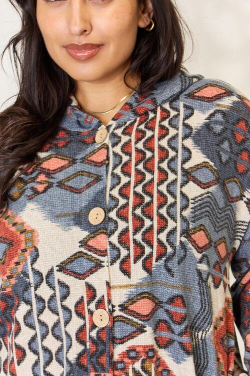 Full Size Printed Button Up Hooded Jacket