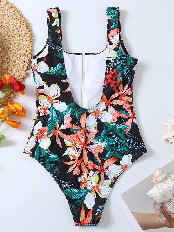 Floral Printed Zipper Backless One-Piece Swimwear
