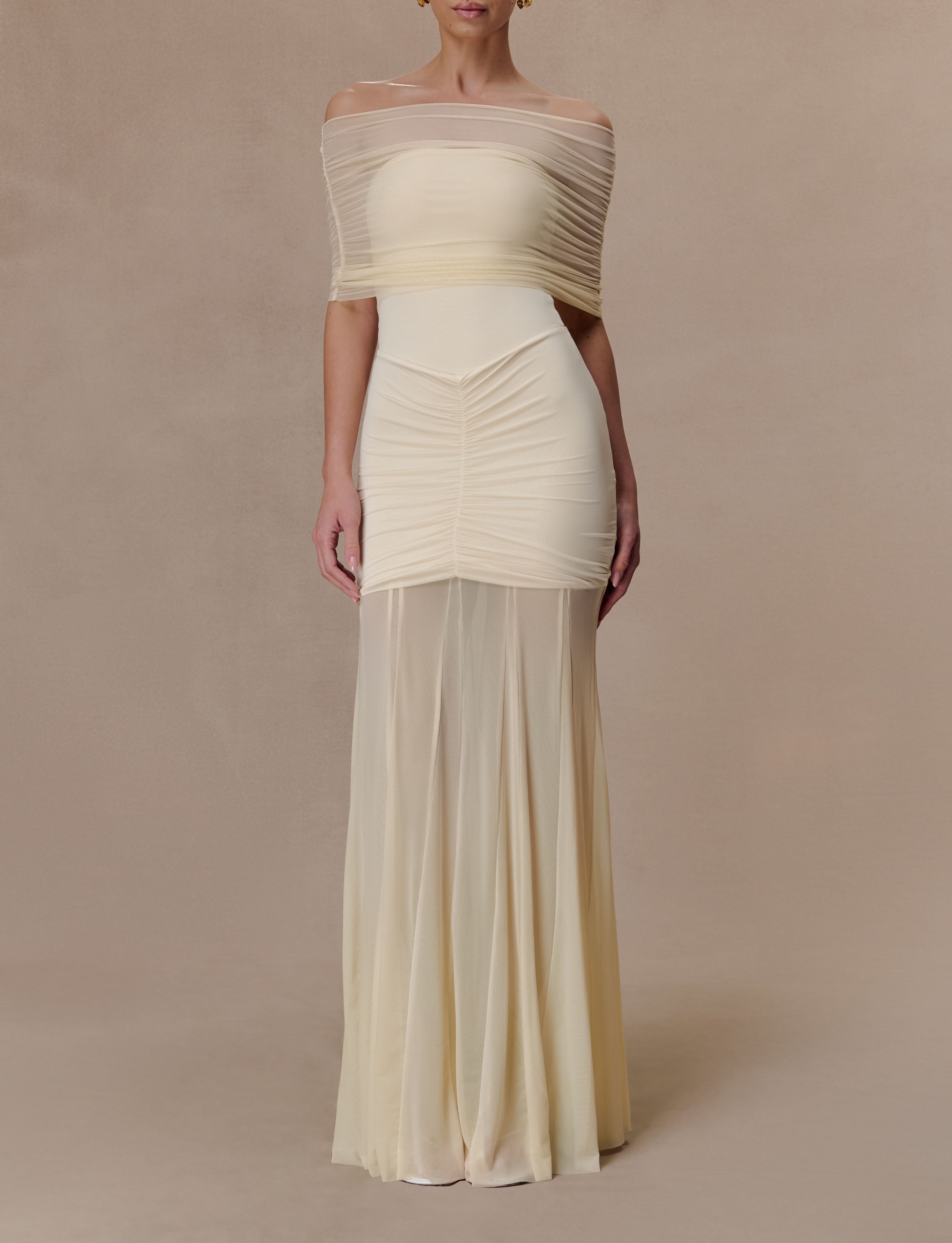 Ivory Slinky And Mesh Off Shoulder Maxi Dress