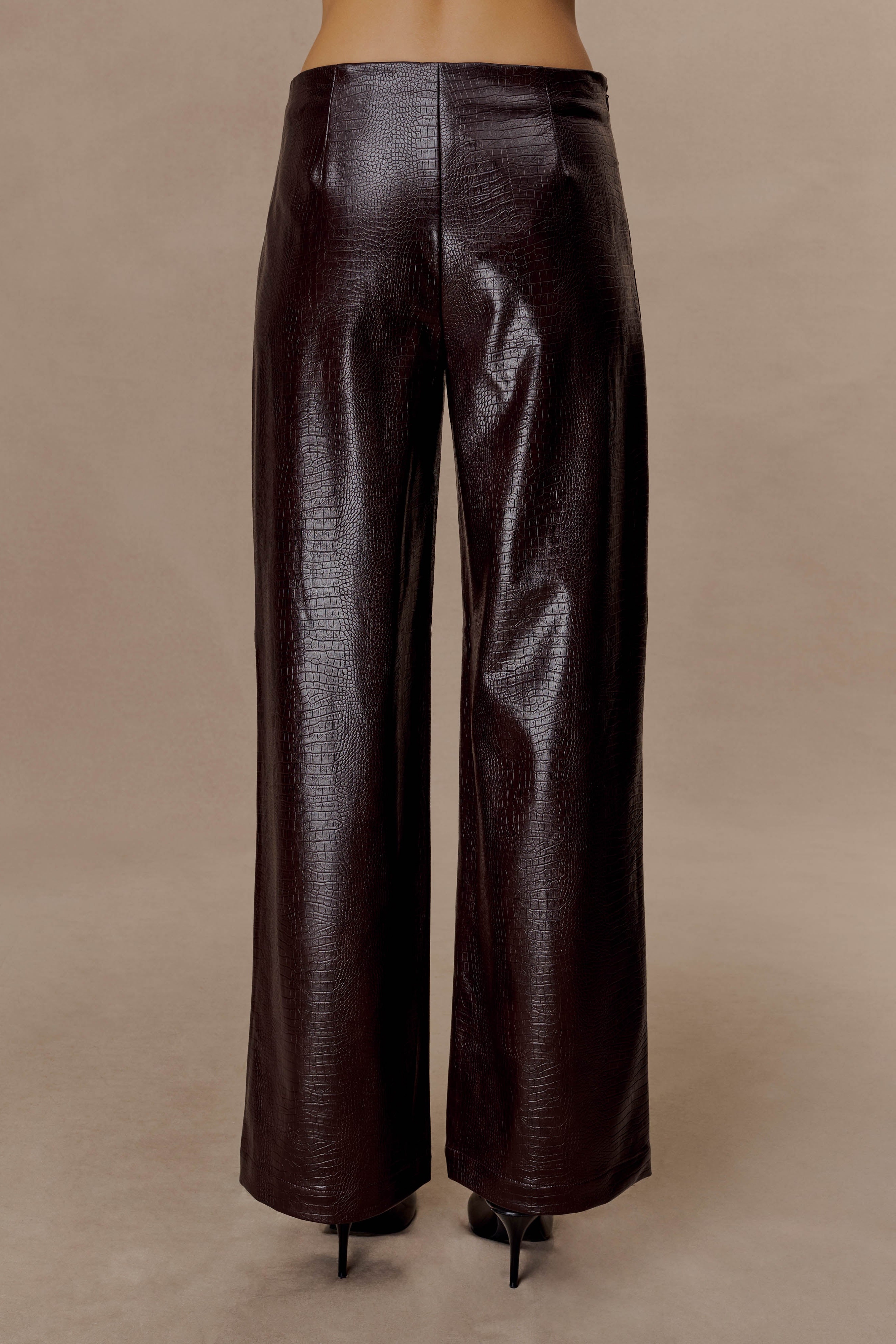 Chocolate Croc Faux Leather Straight Leg Pants