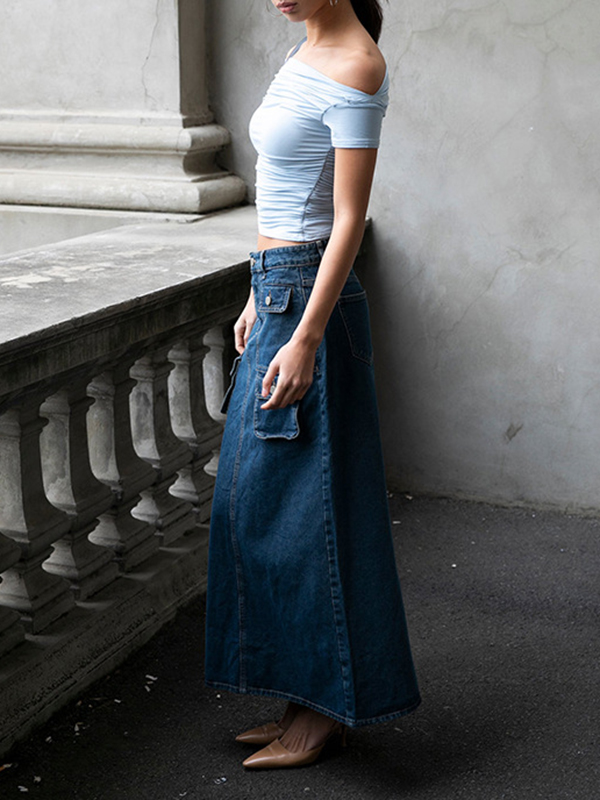 Pleated Solid Color Split-Joint Short Sleeves Skinny Boat Neck T-shirts