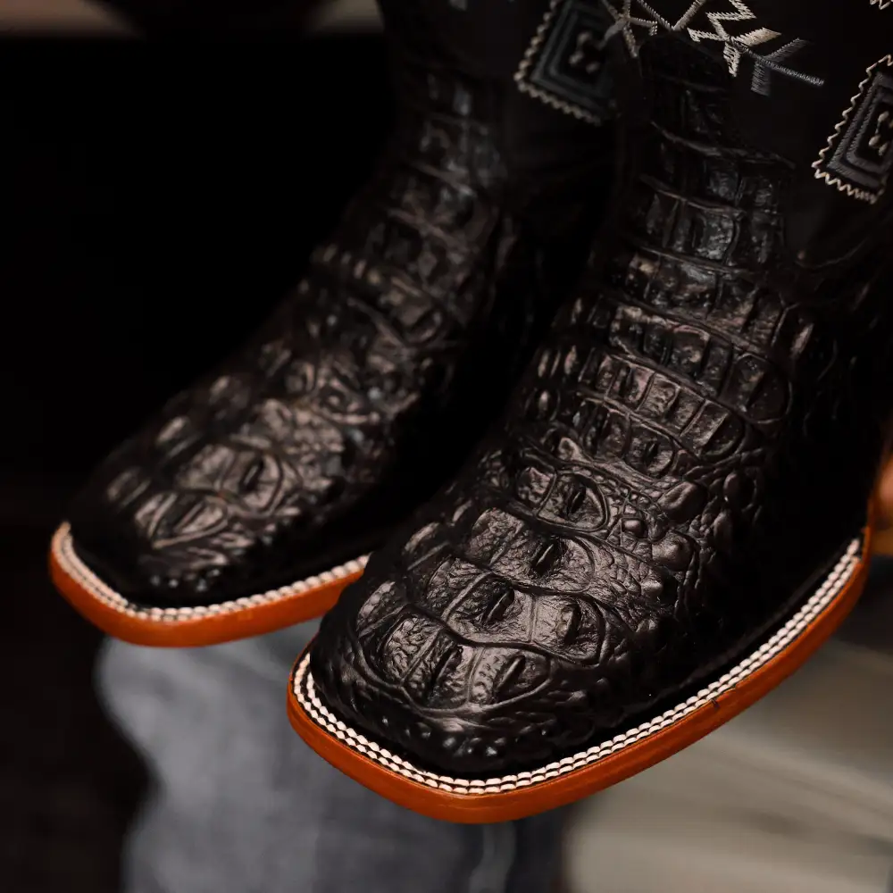 Black Caiman Neck Leather Boots - Square Toe