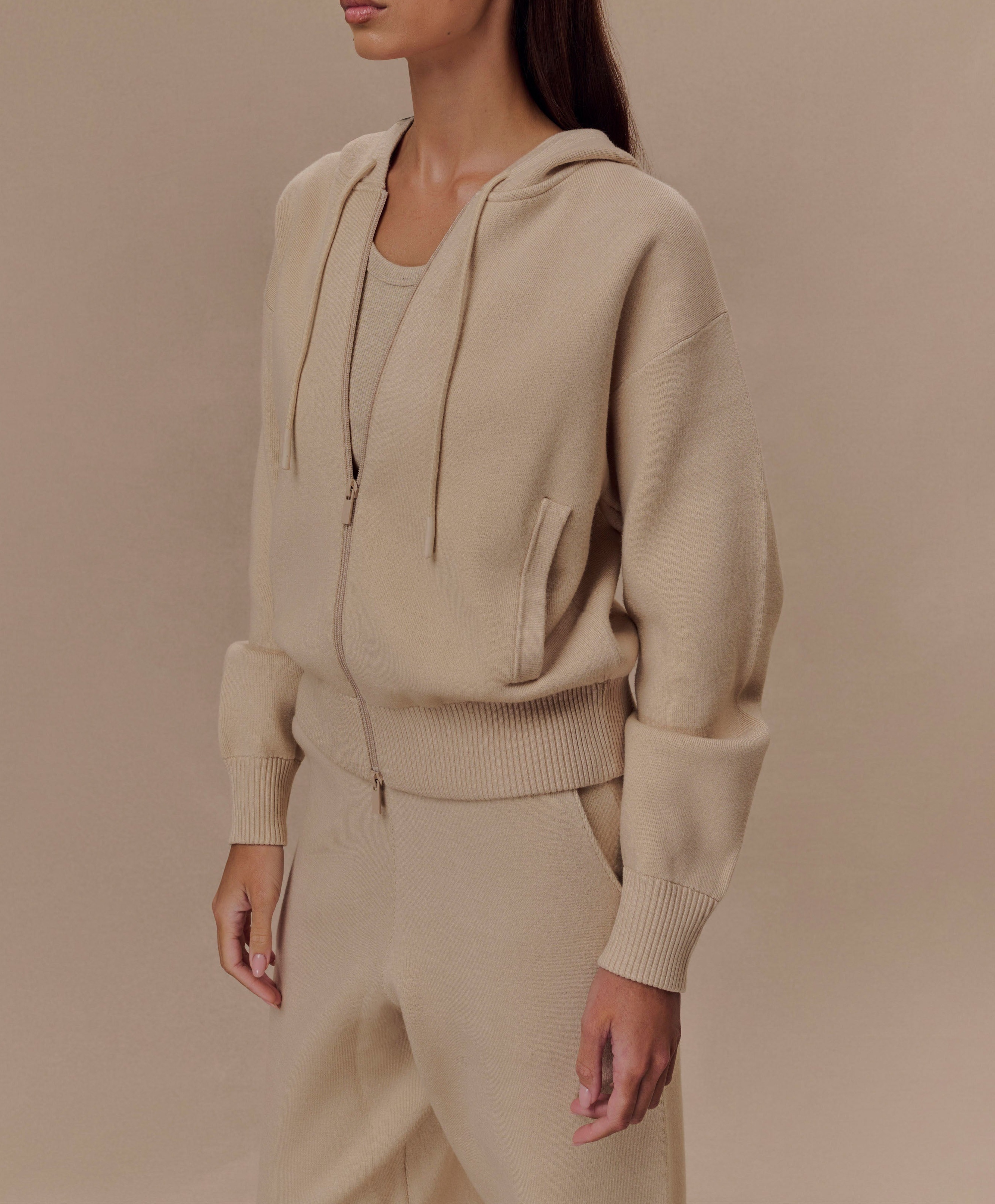 Camel Zip Front Knit Hoodie