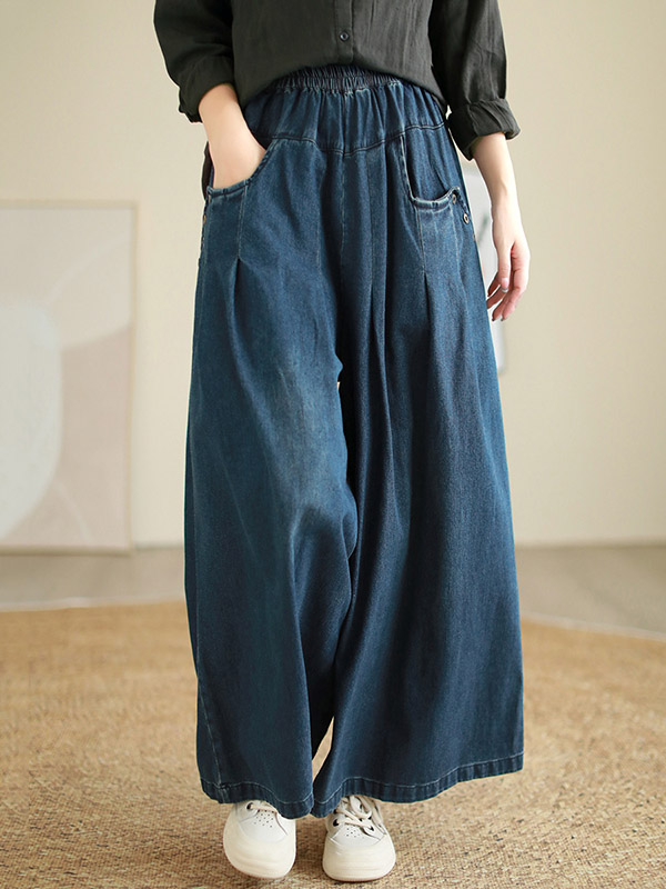 Elasticity Pleated Loose Wide Pants Jean Pants Bottoms Flared Trousers
