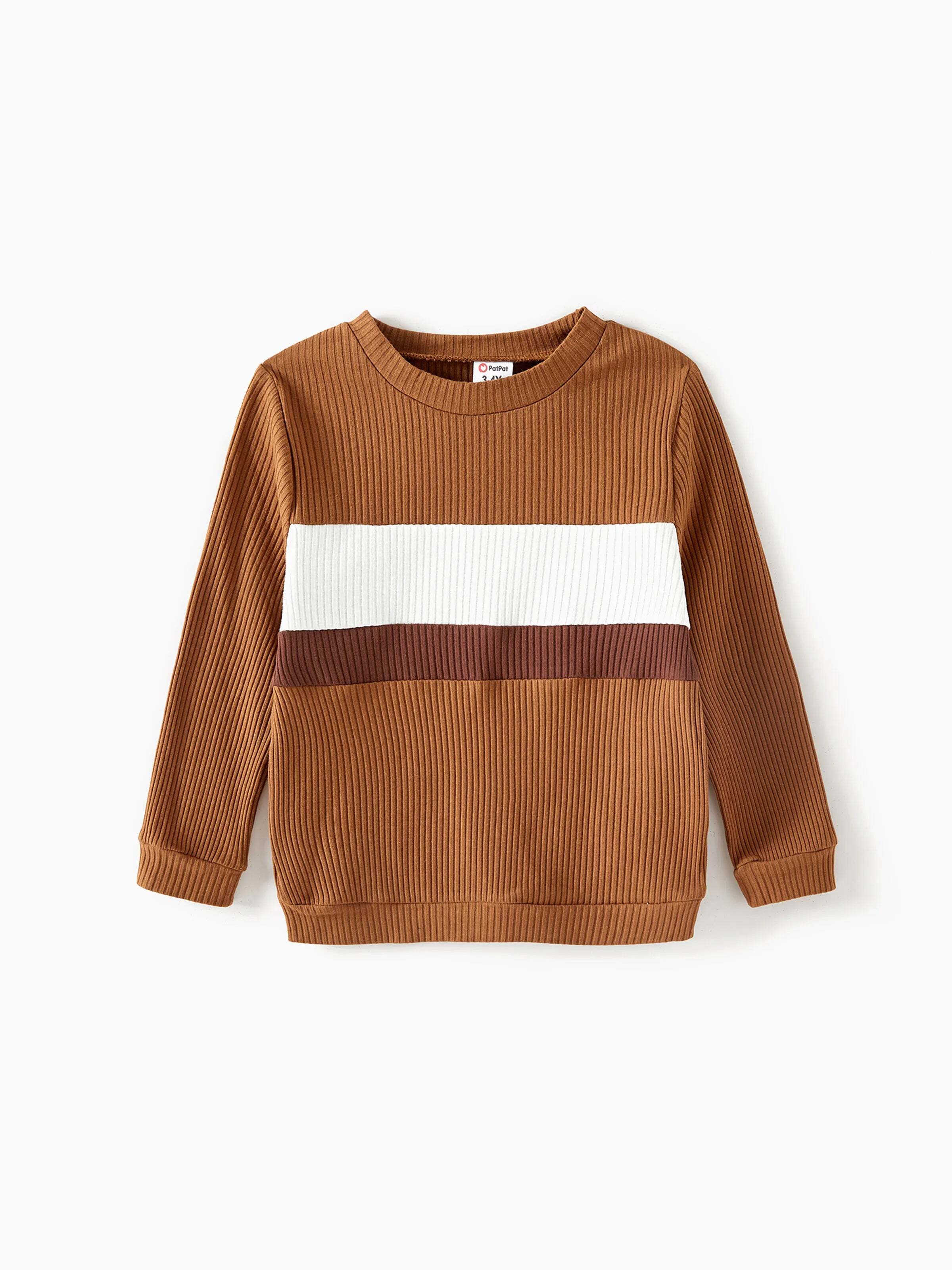 Family Matching Coffee Ribbed Spliced Plaid Belted Dresses and Long-sleeve Colorblock Tops Set Coffee