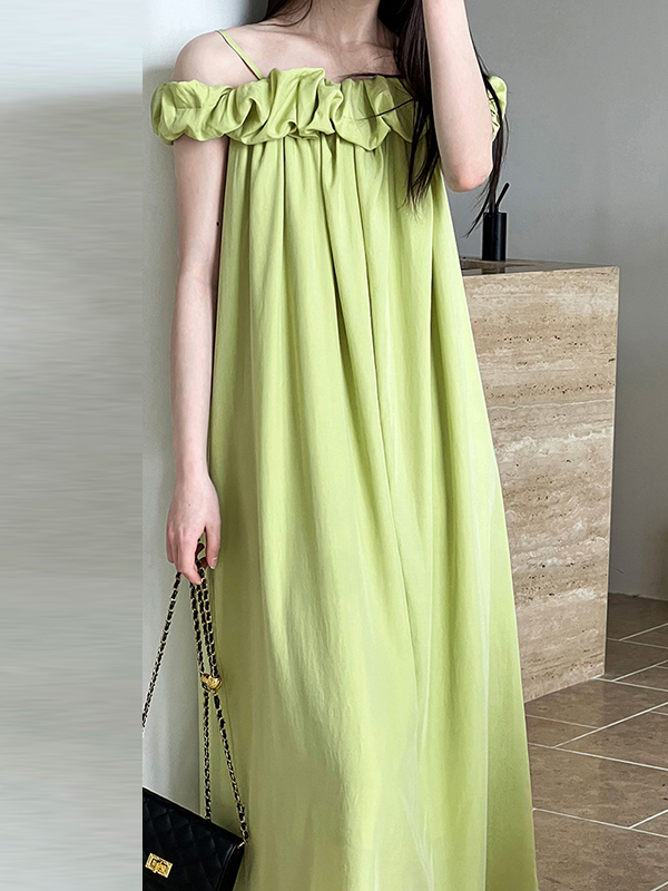 Elasticity Pleated Solid Color Split-Joint Loose Sleeveless Off-The-Shoulder Maxi Dresses