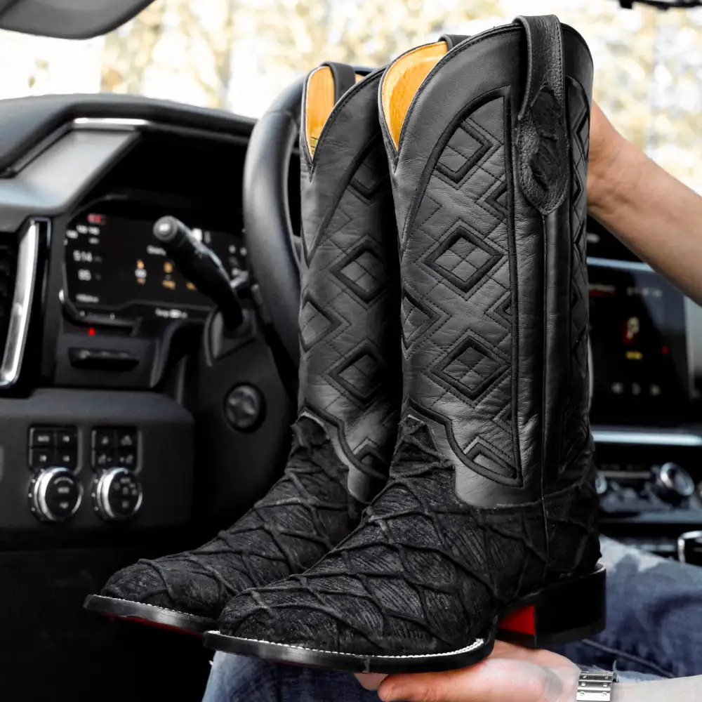 Black Rough-Out Pirarucu Leather Boots - Square Toe